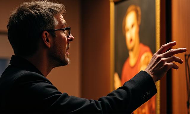 Art historian pointing to a renaissance canvas