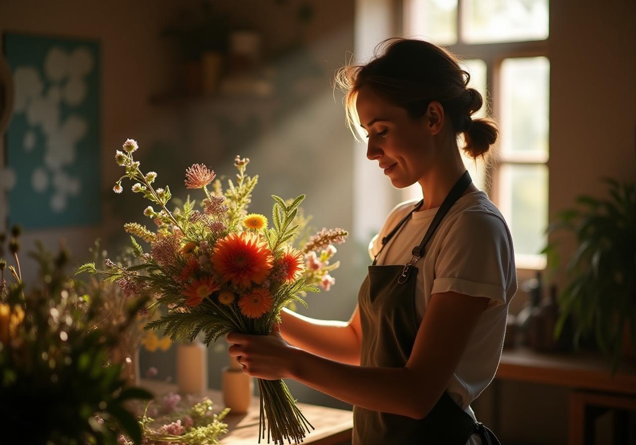 Artistic floral designer working with British seasonal blooms